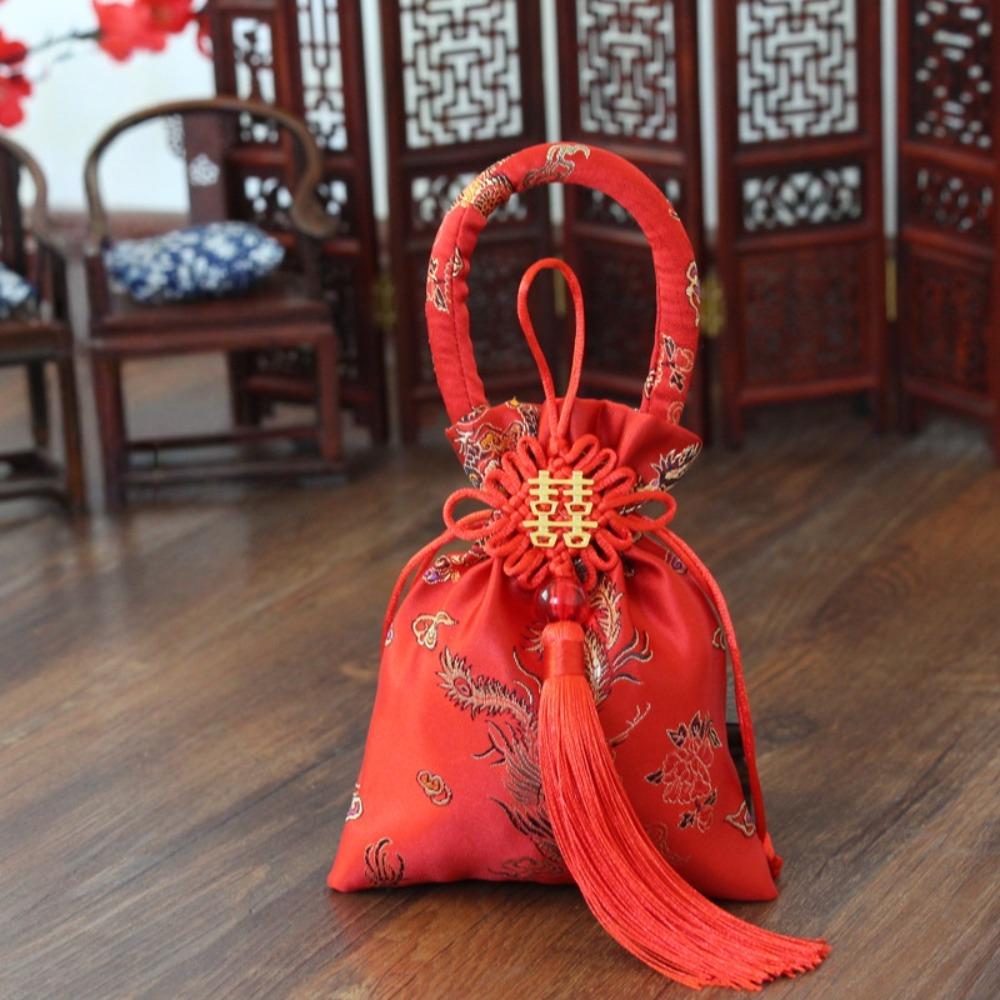 Chinese Style Canvas Flower Drawstring Bag Dragon Phoenix Chinese Knot Tassel Handbag Korean Style Jewerly Packing Bag