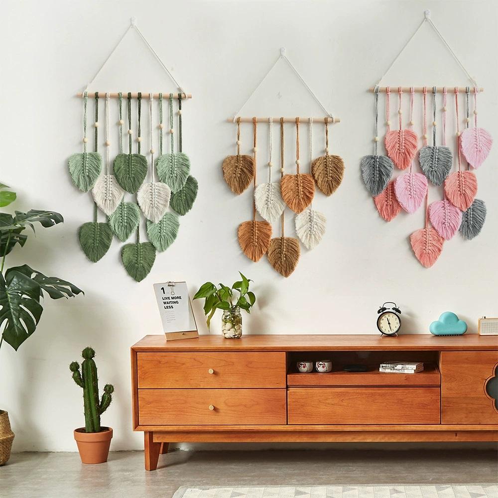 Macrame Wall Hanging Leaves Bohemian Wall Hanging Woven Tapestry Large Chic Woven Leaf Tassel Handmade Woven Wall Art for Bedroom Nursery Home 90x40cm