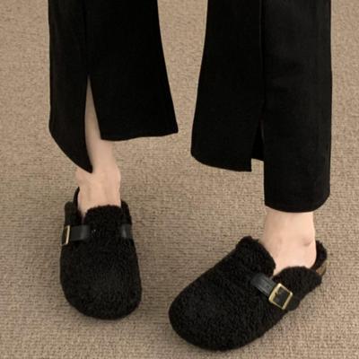 2024 модная новая плюшевая женская обувь Baotou низкие теплые тапочки простые римские тапочки с плоской подошвой однотонные хлопковые тапочки