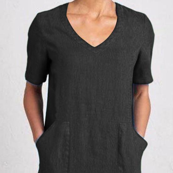 Женское хлопковое льняное платье-рубашка, летнее платье миди с коротким рукавом и V-образным вырезом, повседневное платье-рубашка с карманами