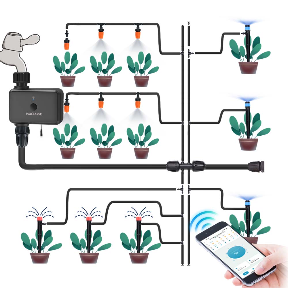 20FT 1/2" Hose 5G Dual Frequency Garden Irrigation Timer Kit 1/4" Adjustable Sprinkler Remote Control Automatic Watering System