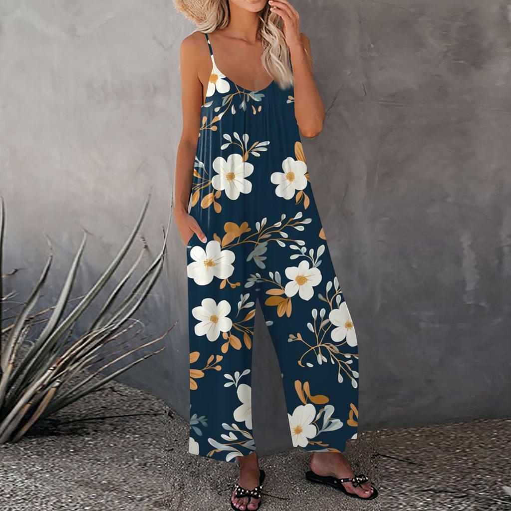 Женский комбинезон с цветочным принтом, повседневный свободный комбинезон с регулируемыми подтяжками