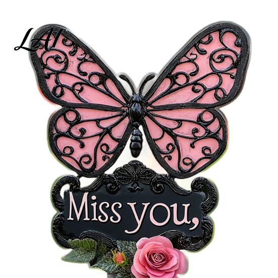 Garden Flower Bed Decoration Butterfly Memorial Stake Miss You Sign Pink Waterproof Ornament Rose Yard Art Stake for Lawn Courtyard Cemetery Weather