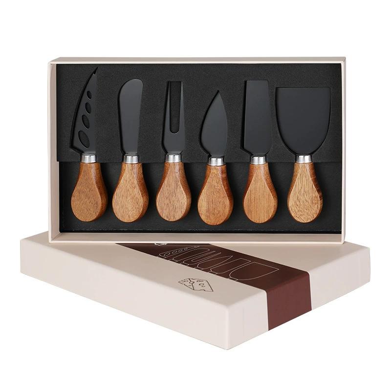 Набор сырных инструментов из 6 предметов в цветной коробке с ручками из ореха, нож в западном стиле, вилка, скребок для масла, нож для сыра из нержавеющей стали