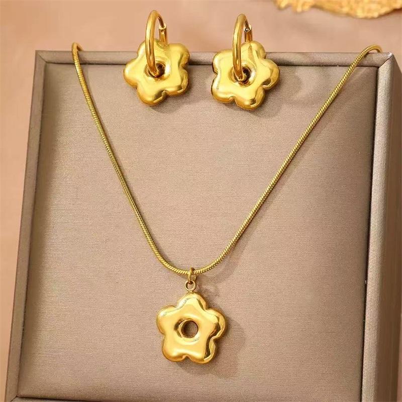 EILIECK 316L Stainless Steel Metal Flower Necklace Earrings Set For Women Fashion Party Gold-Plated Jewelry Set Jewelry