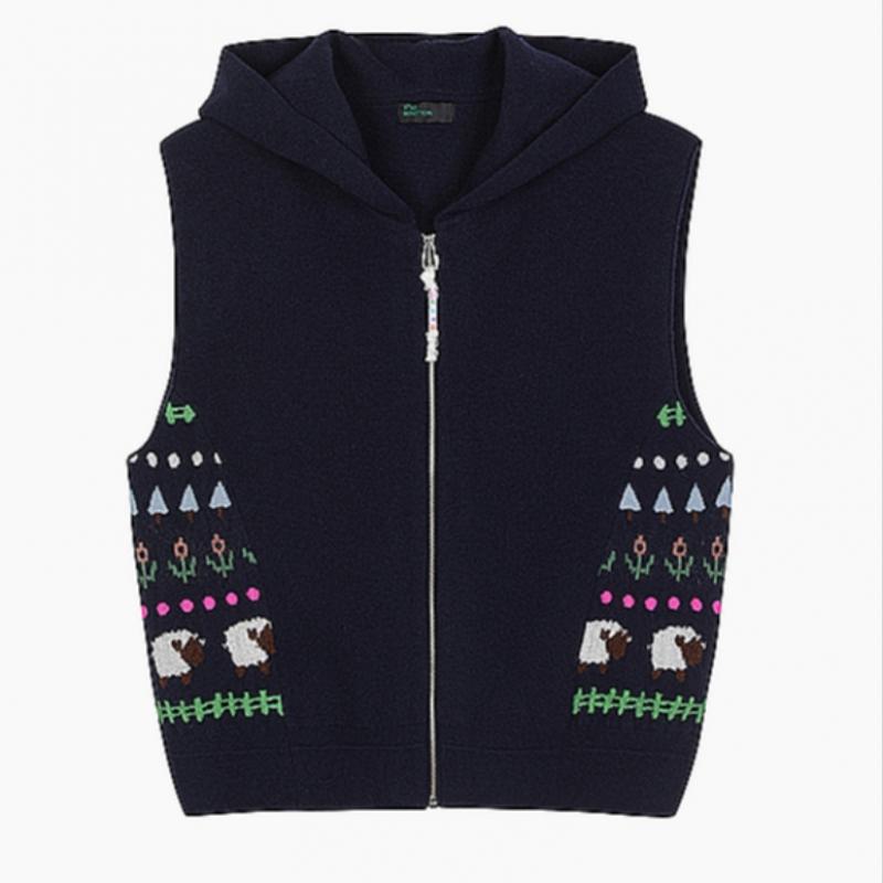  Benetton Benetton Жаккардовый трикотажный жилет с капюшоном и застежкой-молнией Bakva1461 Ny