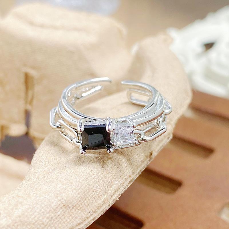Punk Personality Dark Wind Black Zircon Irregular Opening Ring Female Niche Design Exquisite Stacked Ring Female