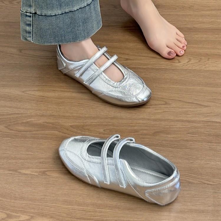 Туфли Мэри Джейн из коровьей кожи с плоской подошвой серебристого цвета, женские балетки из натуральной кожи в стиле ретро на липучках, повседневные спортивные туфли для тренировок