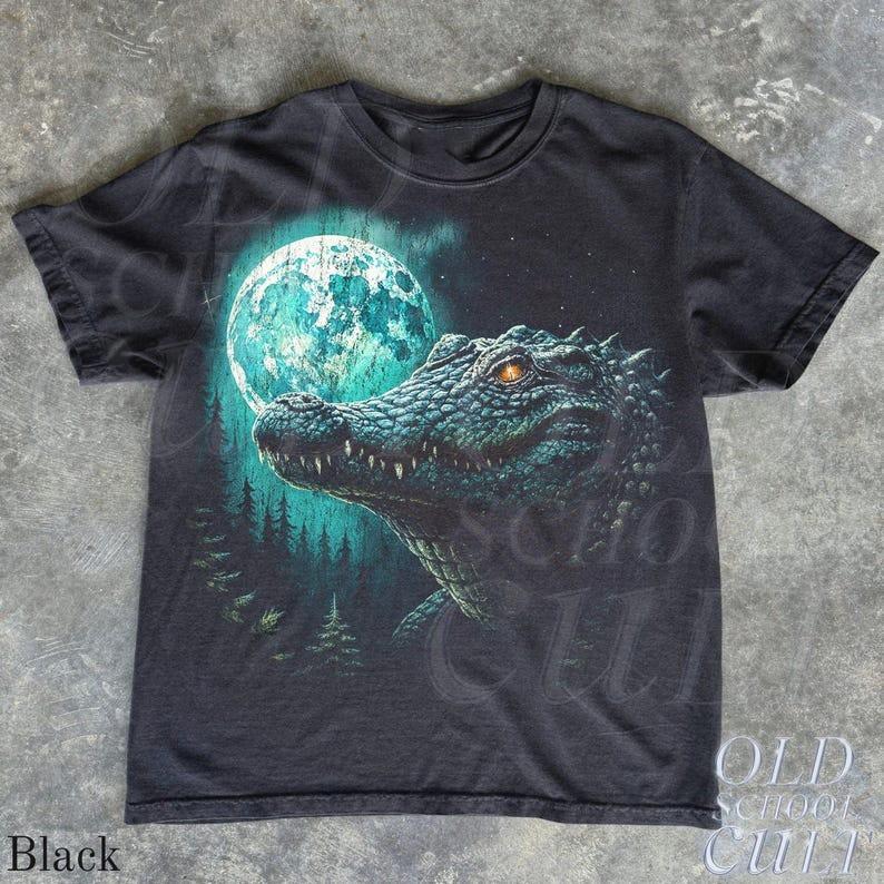 Alligator Moon Wildlife Graphic Shirt Blue Moon Swamp Tee Black Size S3XL Unisex T-Shirt