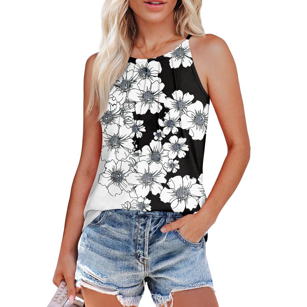 Womens Summer Tank Tops Pleated O Neck Printing Casual Top Tank Tops For Women Loose Fit Sleeveless Shirts