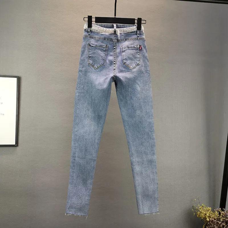 Женские джинсовые брюки с высокой талией и украшениями весна и осень