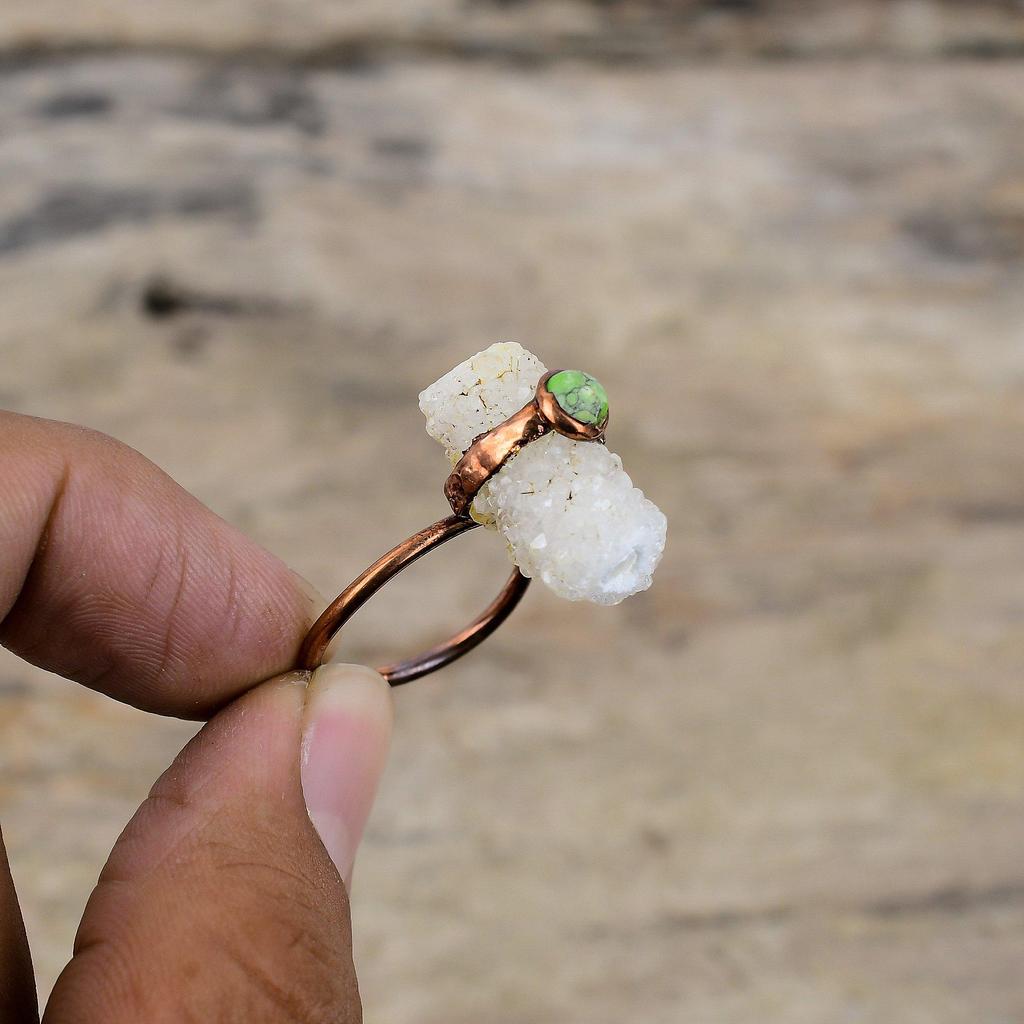 Кольцо с радужным лунным камнем, гальваническое медное кольцо, зеленое кольцо с бирюзовым драгоценным камнем, регулируемое кольцо, ювелирные изделия ручной работы, гальванопластика для подарка