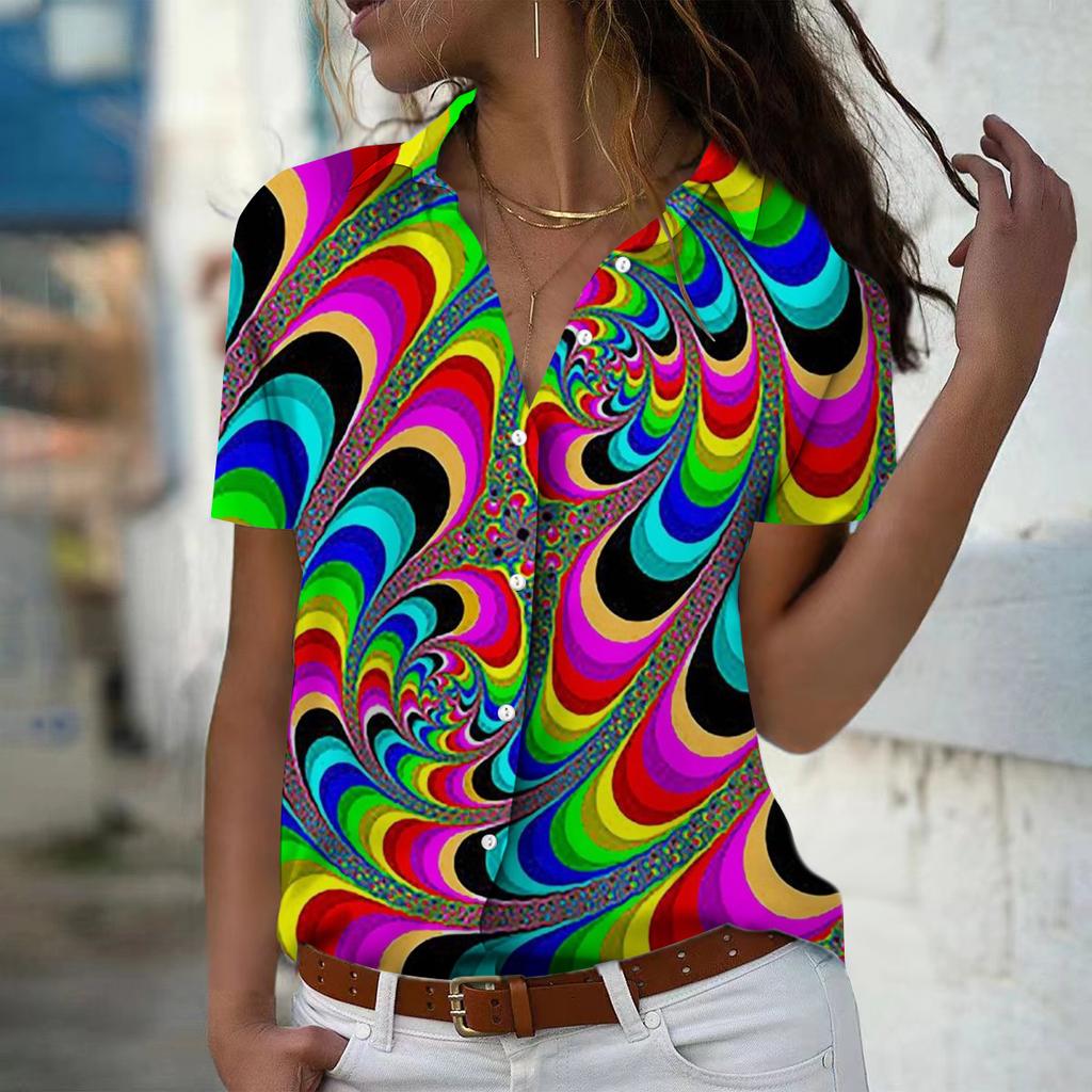 2025 Summer New Fashion Women's Retro Printed Short Sleeve V-neck Casual Button-down Shirt Top
