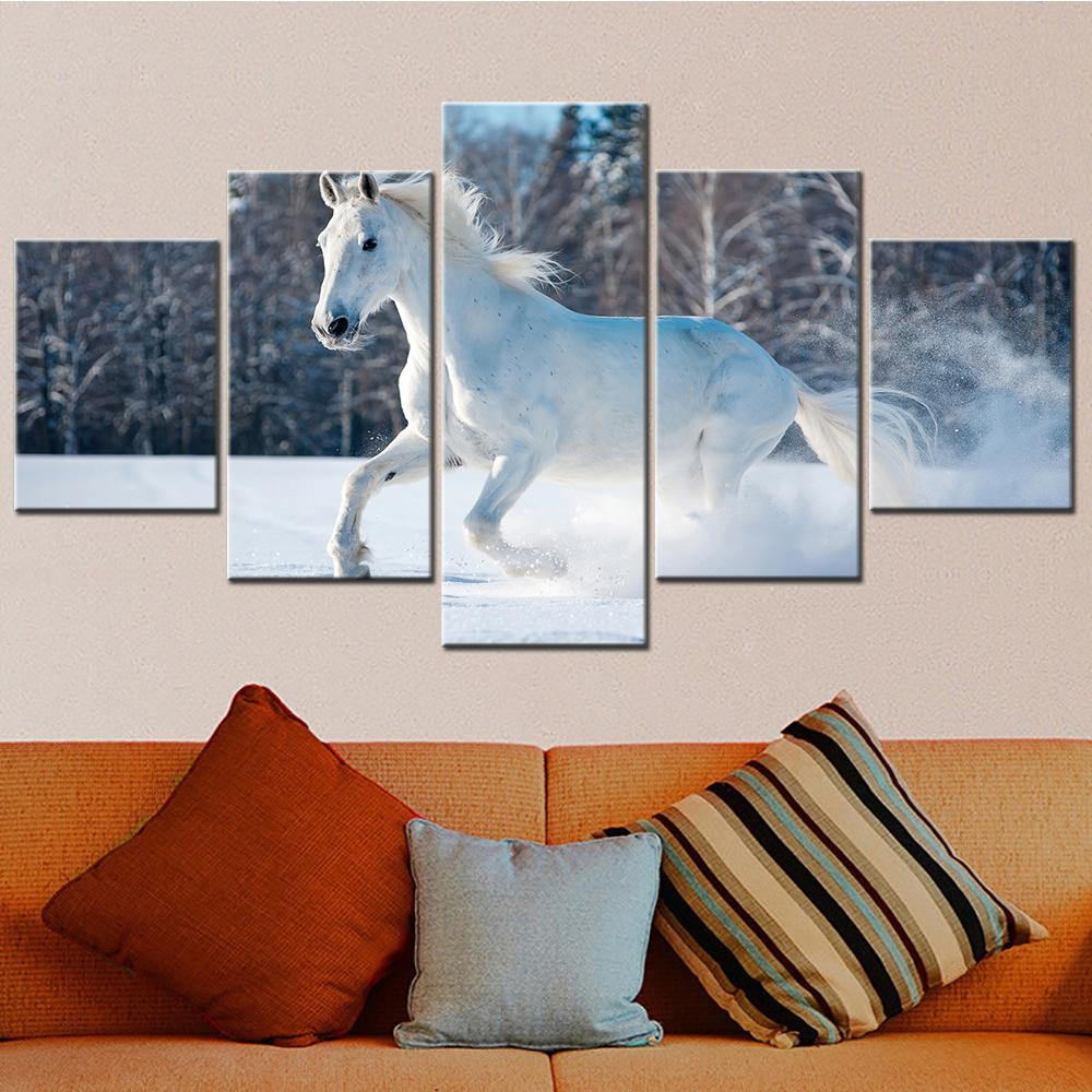 White Horse Running Snow Poste Wall Art Canvas Set - Modern Animal Themed Decor Painting for Teenager's Room Interior Decoration