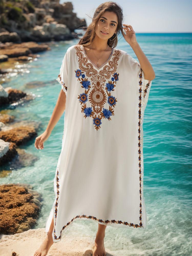 EDOLYNSA White Vintage Embroidered Long Kaftan Casual V-neck Maxi Dress Summer Clothing Women Beach Wear Swim Suit Cover Up Q1490