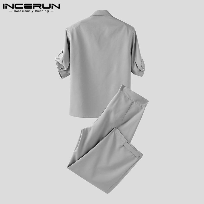 INCERUN 2PCS Men Outfits Lapel Neck Short Sleeve Buttons Shirt Long Straight Pants Sets