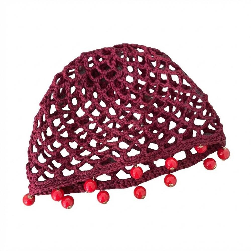 Breathable Hollowed Out Knitted Hat Round Beads Pearl Fringed Crochet Hat Handmade Beret Cap Fashion Headwear