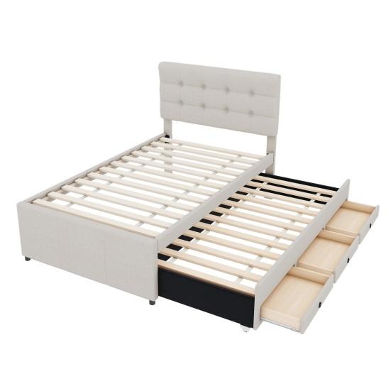Upholstered Bed Bed, 90x200cm (90x190cm), Family with Three Drawers, Pull-Out Trundle Adjustable Headboard, Without Mattress, Beige Flat