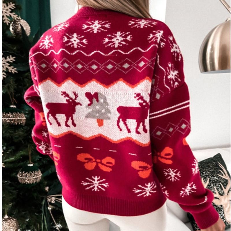 GMXIA Autumn Winter Sweater Women's Christmas Jacquard Loose O-Neck Long Sleeve Sweater