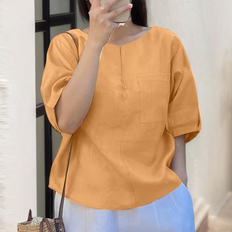 ZANZEA Женская свободная повседневная однотонная блузка с круглым вырезом и коротким рукавом