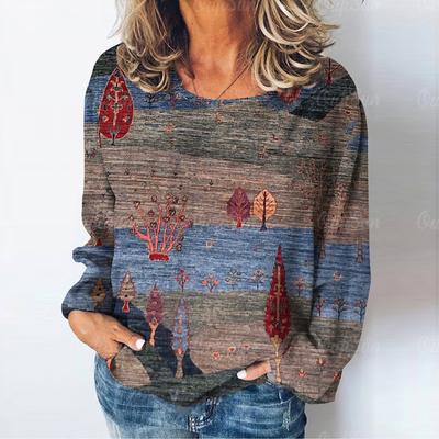 Футболка с длинными рукавами и принтом «Природный пейзаж», повседневные женские футболки на каждый день, свободная женская одежда, винтажный уличный свитер