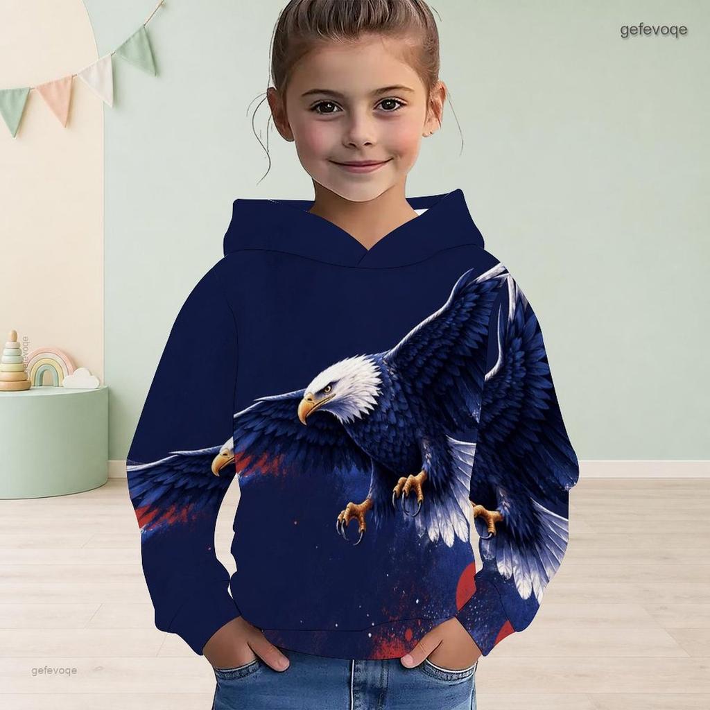 Girls Long Sleeve Hooded Sweatshirt Bald Eagle American Flag Printed Pullover
