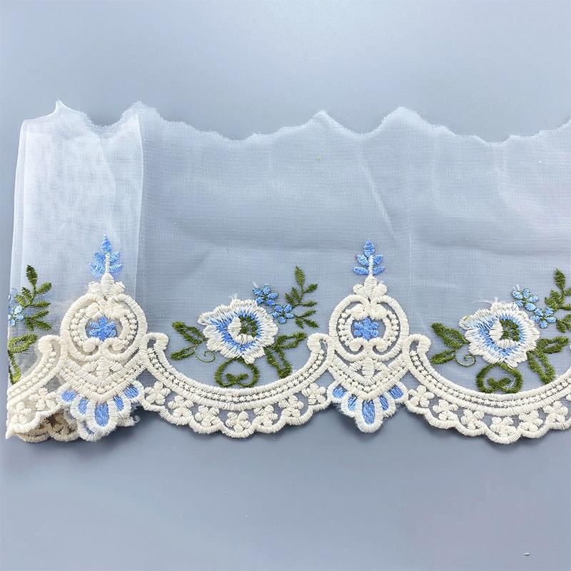 1Y Blue Pink Floral Embroidery Lace Trim For Clothes Accessories Bra Sewing Fabric Handmade