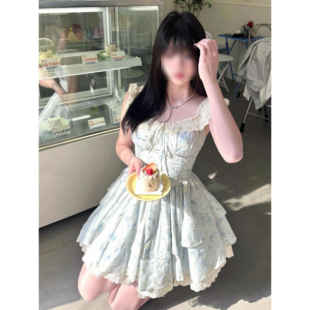 Spot Sakura Weaving Flower Plume Sweet Cool Xiaofei Sleeve Floral Dress Women's Design Sense Niche Waist Princess Fluffy Short Skirt