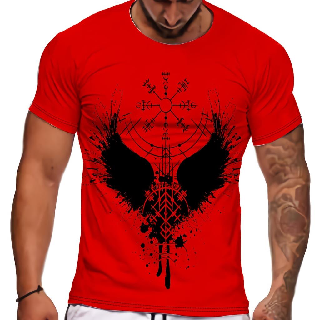 Vintage Wings Graffiti Digital Print Men's Novelty Short Sleeve Crew Neck T-shirt, Summer Outdoor