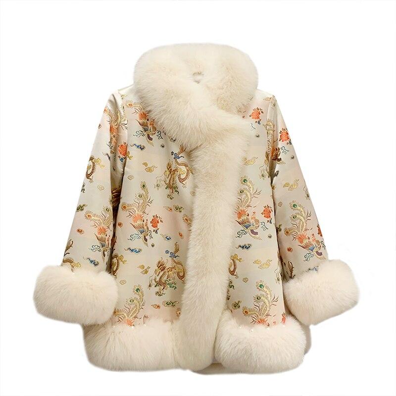Пальто из лисьего меха в китайском стиле, женская атласная шаль средней длины с бисером, куртка из искусственного меха, женское зимнее пальто, верхняя одежда с принтом