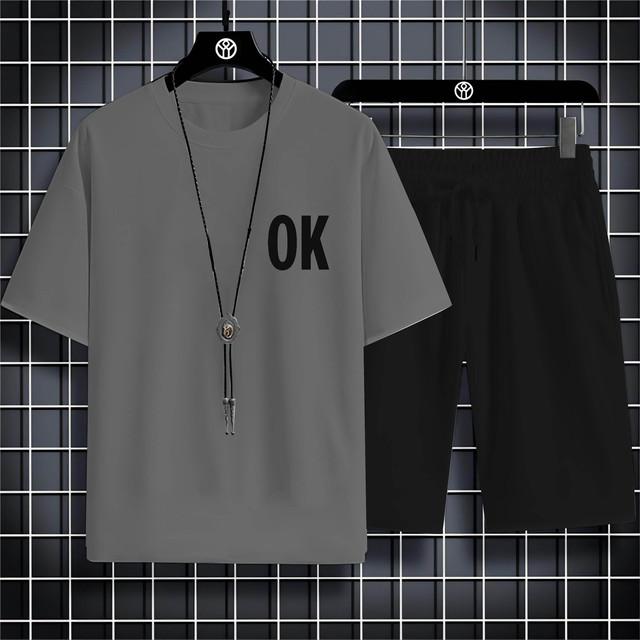 Four Seasons New Outdoor Sports Style 2d Letter Ok Printed Men'S O-Collar Comfortable Breathable Casual T-Shirt Set Quick Drying