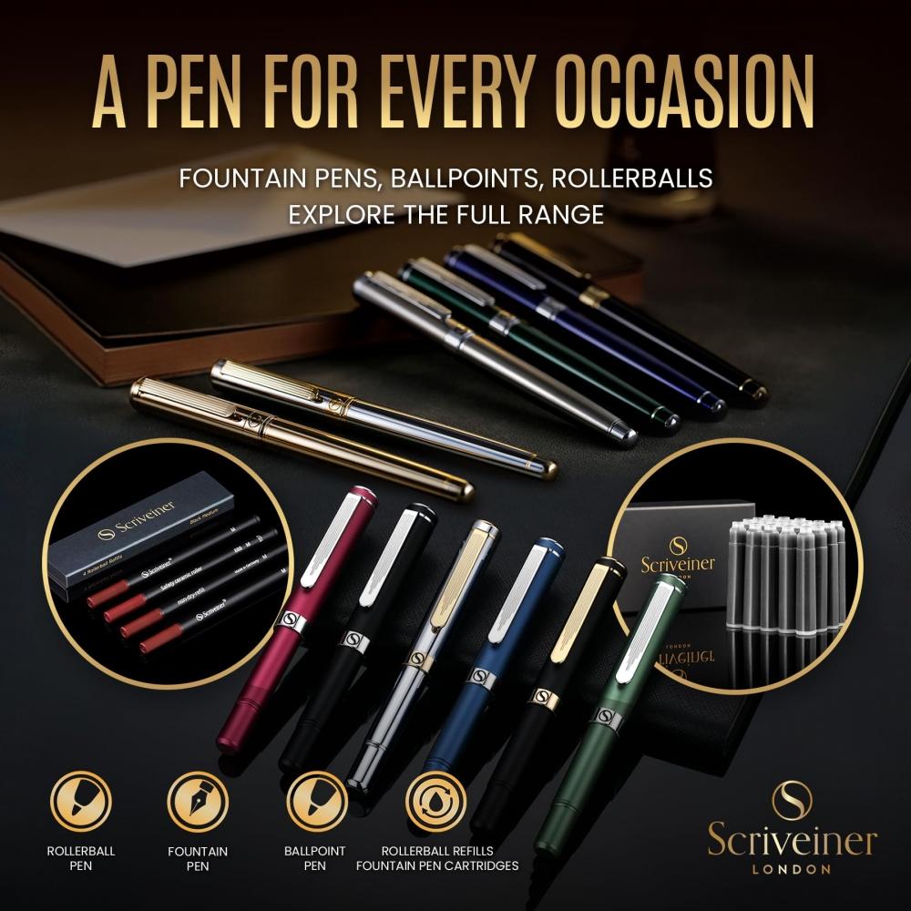 Black Lacquer Fountain Pen by Scriveiner. - Luxury Fountain Pen with 24K Gold Finish of Attractive Beauty, Schmidt 18K Gold Plated Nib (wide), Elegant