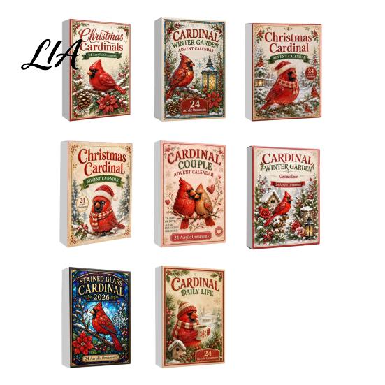 Bird Themed Hanging Ornaments Acrylic Christmas Advent Calendar Box with 24 Ornaments, Retro Style Keepsakes Festive Countdown Decoration for