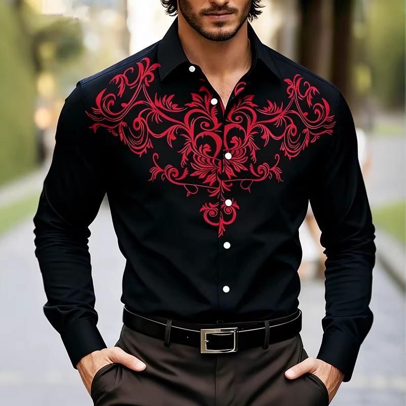 Mens Casual Loose Long Sleeve Retro Pattern Printed Breathable Shirt