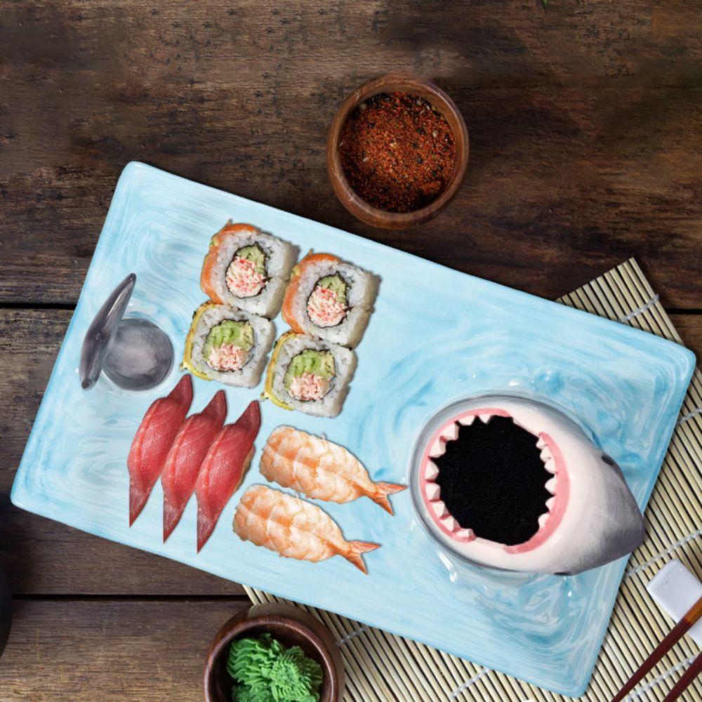 Tableware 3D Shark Ceramic Plate Independent Sauce Area Large Capacity Dumpling Plate Ceramic Japanese Style Food Platter Gift