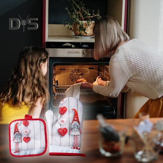 1 Set Baking Glove Cartoon Pattern Christmas Glove Heat-resistant Oven Glove with Mat for Home Kitchen