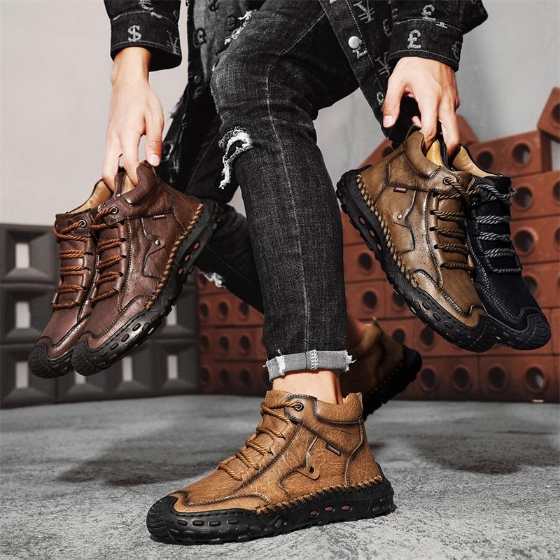 Весна/ ОсеньМужские высокие повседневные кроссовки Ручная работа Кожаная обувь Большой размер 39-48