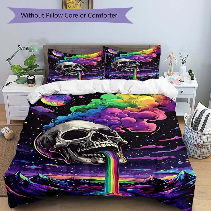 3pcs bedding set Skull Rainbow Includes 1 Comforter + 2 Pillowcases, Without Pillow Inserts, Soft Comfortable,a0909126