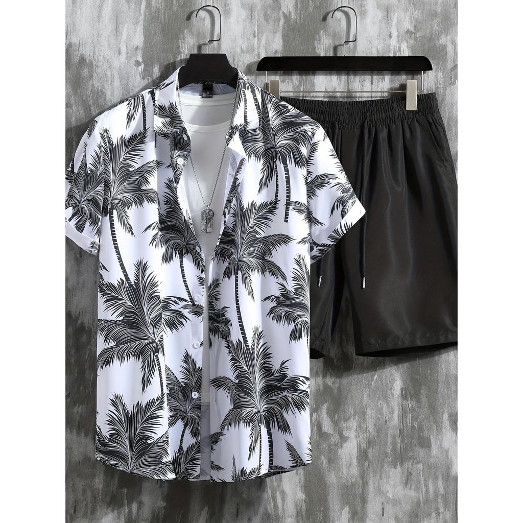 Coconut Tree Print Men's Short-sleeved Shirt And Beach Shorts Set Summer Everyday Men's Casual Shirt And Beach Pants