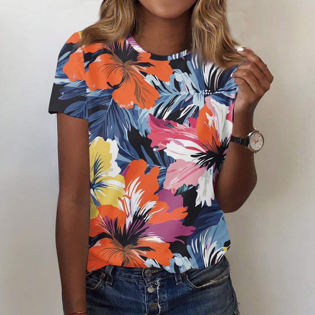 Women's Fashion Casual Printed Round Neck Short Sleeved T-Shirt Top T-Shirt Top Top