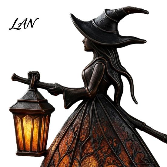 Halloween Witch Light Lamp Decoration, Gothic Holding Lantern Light, Tabletop Spooky Night for Holiday Party Decor
