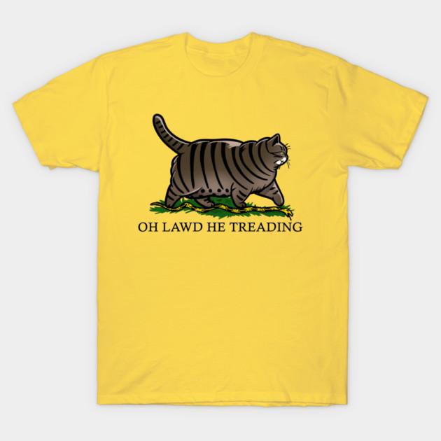 Asian Size Men Black Print T-shirt Oh Lawd He Treading Tabby Cat No-Cut Print Cotton Tshirt
