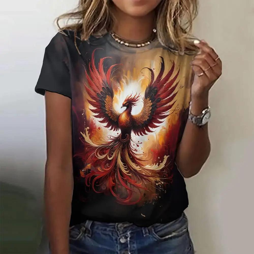 Летняя женская футболка с модным узором «Феникс», топ с короткими рукавами, свободный топ с круглым вырезом, женская футболка для вечеринок