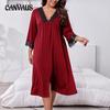 Autumn and Winter Large Size Nightdress Women's Home Wear Pajamas Long-sleeved Lace Splicing V-neck Loose Home Nightgowns