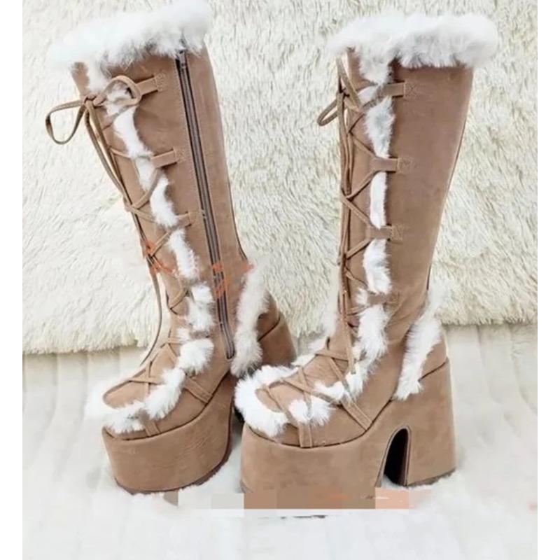Fashion New Winter Women Snow Boots Platform Wedge High Heel Faux Fur Lady Shoes Female Plush Warm Non-slip Mid Calf Boots Goth Shoes