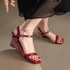 Fashion Slope Heel Sandals Female Wine Red Temperament Square Head Open Toe Shoes for Women Fashion Roman High Heel Summer Zapatos Mujer