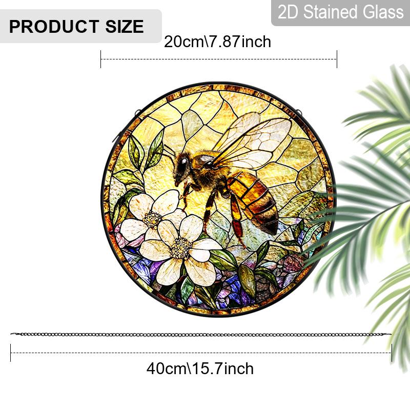 2D Flat Stained Glass Vintage Bee Window Decoration, 7.87inches Bee Flower Design Colored Glass Plate with Chain, Charming Spring Summer Sun Catcher