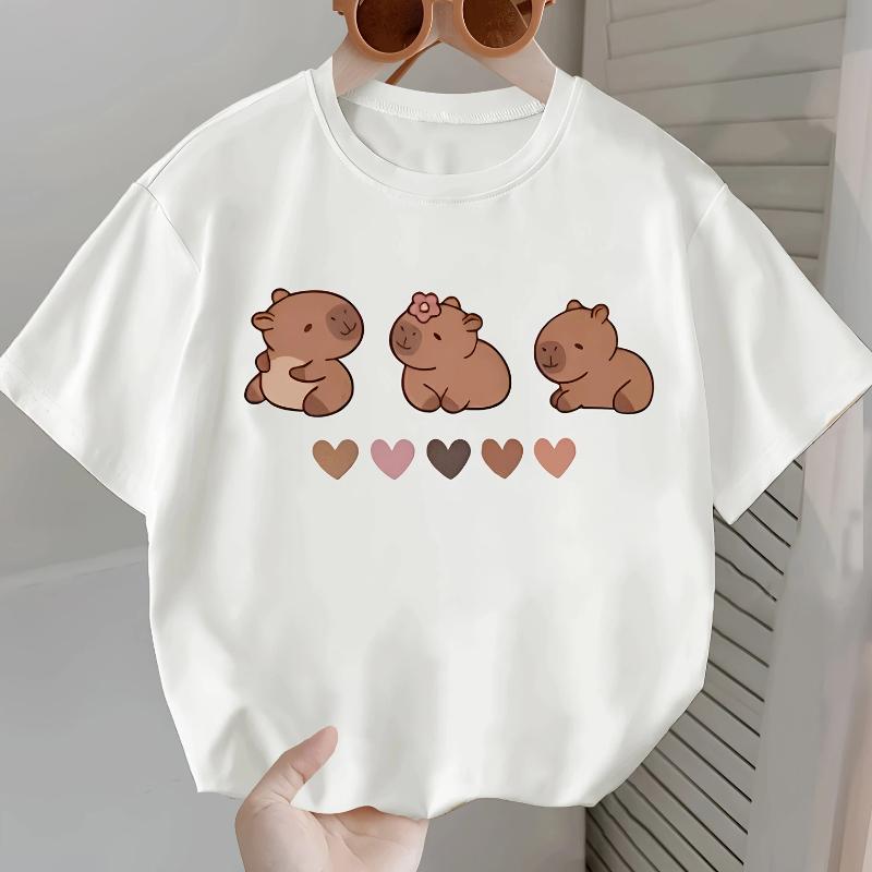 Pure Cotton T-shirt "CAPYBARA Capybara Milk Tea" Print, Fashionable Children's Round Neck Breathable Short-sleeved for Girls.