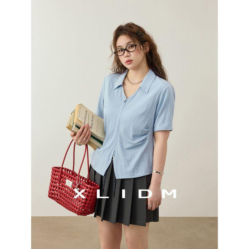 Xiaoli Plus Size Women's Double-Headed Zipper Vertical Smooth Texture Split V-Shaped Lapel Crimp Waist-Tight Slim Looking Shoulder Shirt