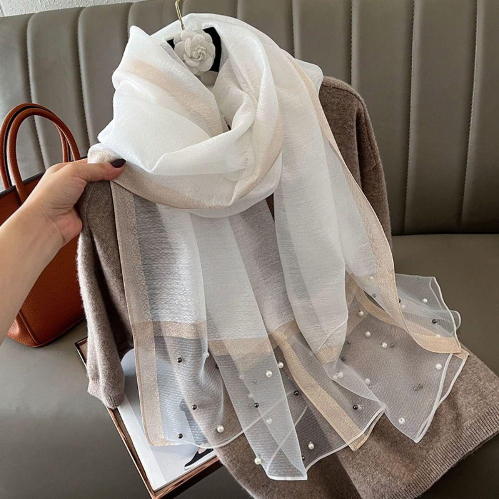 90x90cm Luxury Silk Scarf Pearl Beach Shawl Women Pearl Scarf